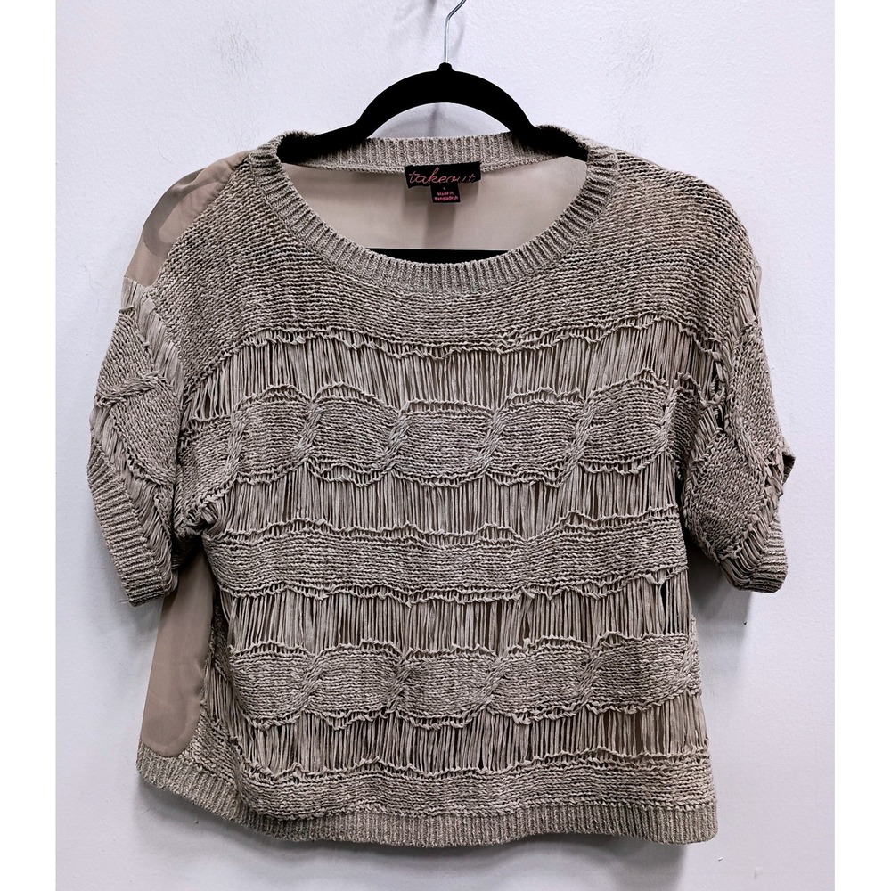 VTG Y2K Takeout Sweater Top Womens Large Beige Crochet Chiffon BOHO Short Sleeve